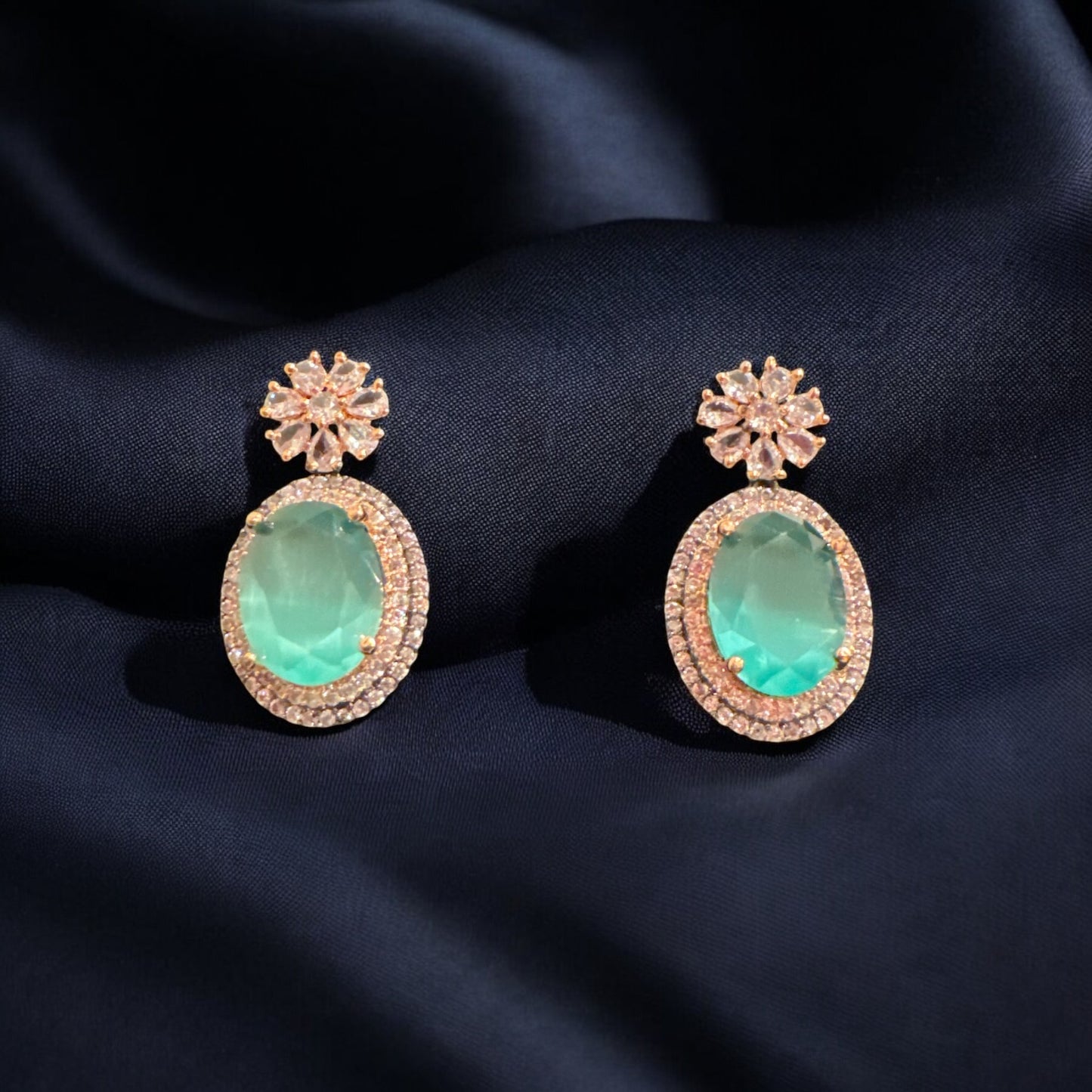 CZ Dangling Earrings in Black and Rose Gold finish with Green Stone - Modern and Trendy