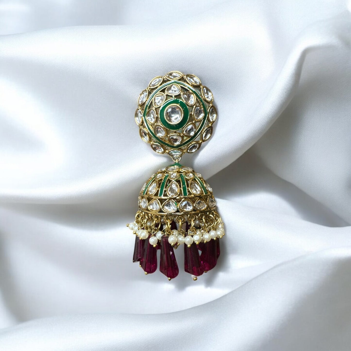 Traditional Jhumka with Kundan, Pearls and Red Beads