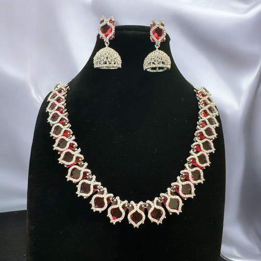 Stunning AD Necklace Set with Jhumka in Ruby Color Glass Stone