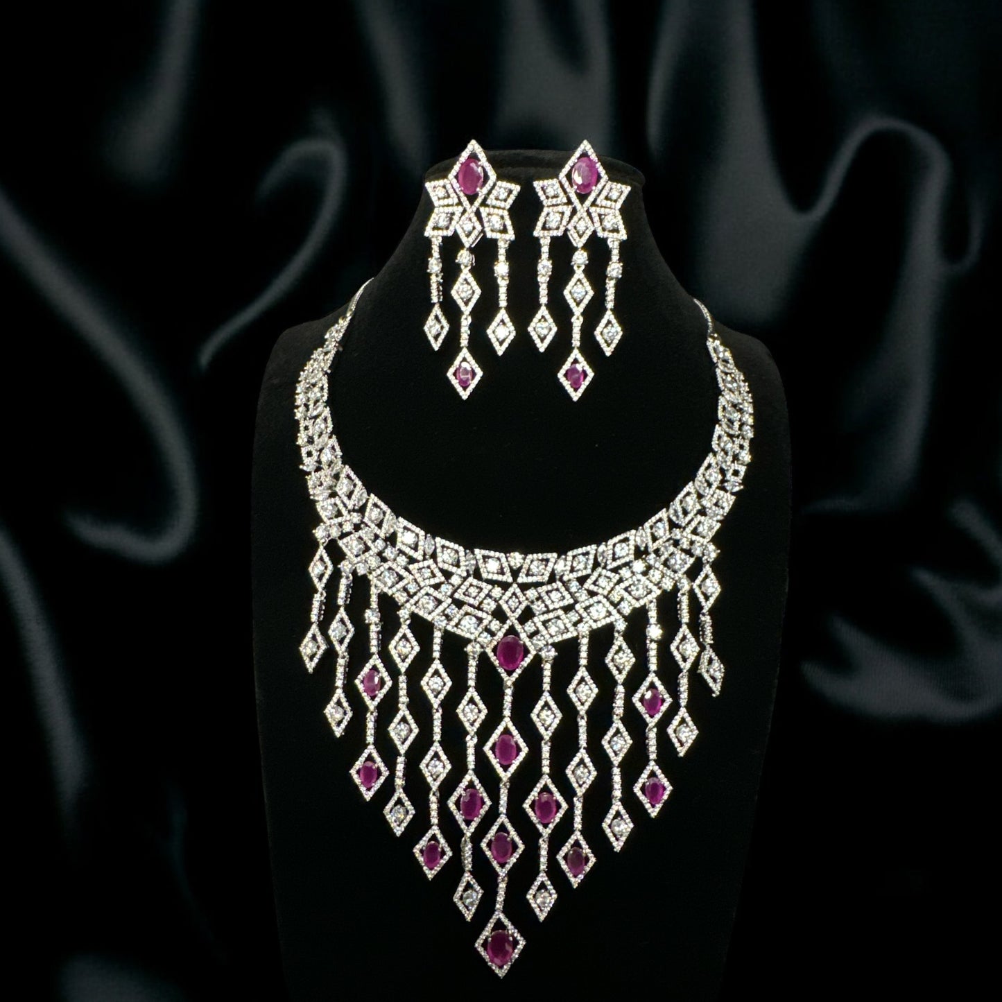 Partywear CZ Necklace Set in Silver with Pink Stone