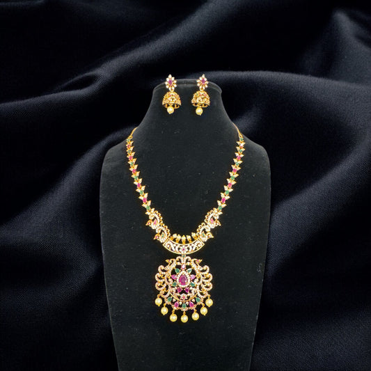 Stunning AD with Pearls Necklace Set with Jhumka