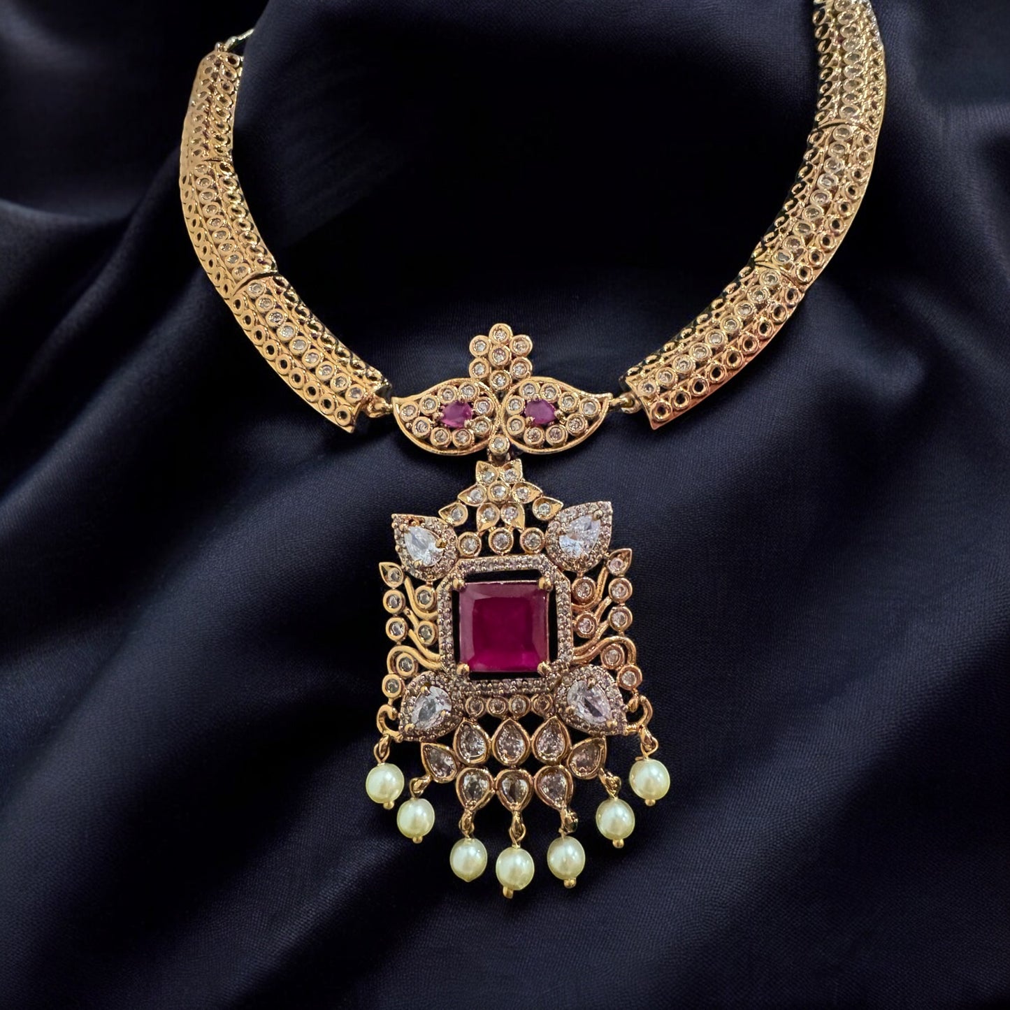 Elegant Moissanite Necklace Set in Gold with Ruby  and Pearls