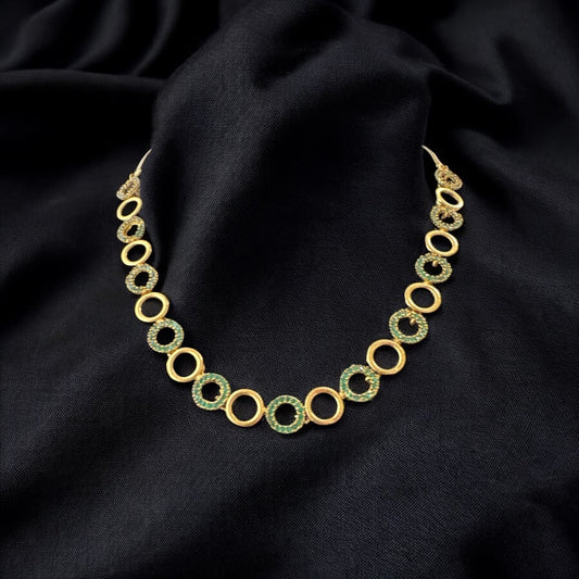 Sleek Necklace Set in Matte Gold finish with Green Nano Setting Stones