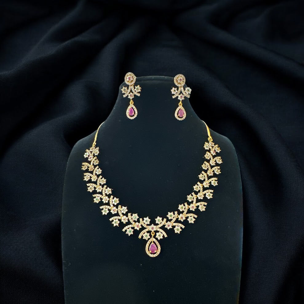 Glamorous Design Necklace Set in Victorian Finish with Tear Drop Ruby