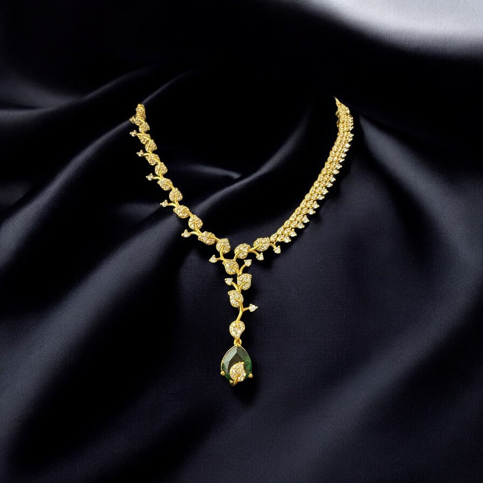 Delicate AD Necklae Set with Tear Drop Green Stone in Gold Finish