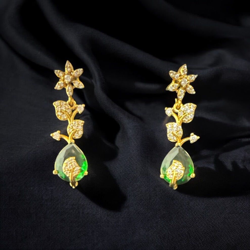 Delicate AD Necklae Set with Tear Drop Green Stone in Gold Finish