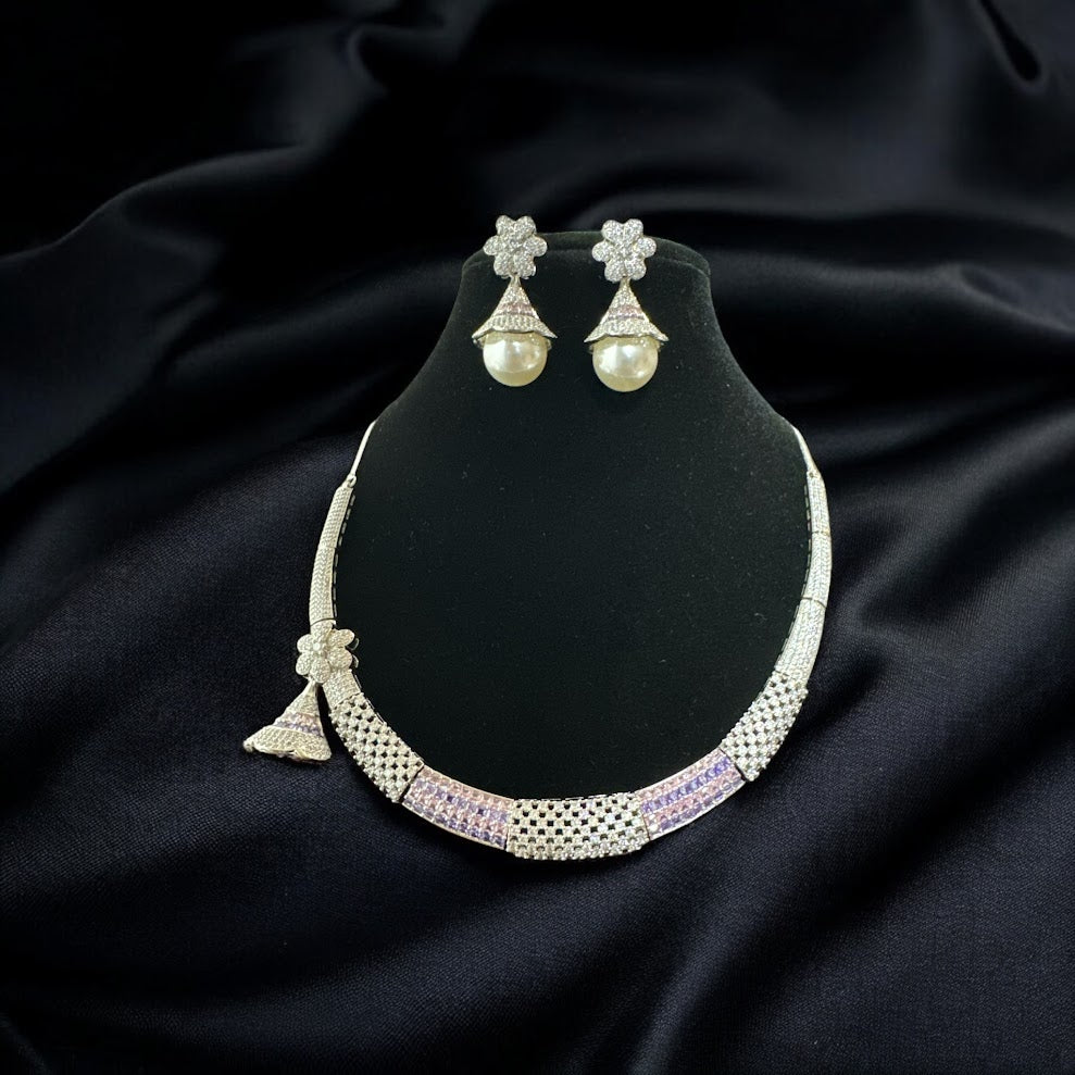 Exquisite Princess Setting Necklace Set with Pink, Purple and White AD in Silver Finish