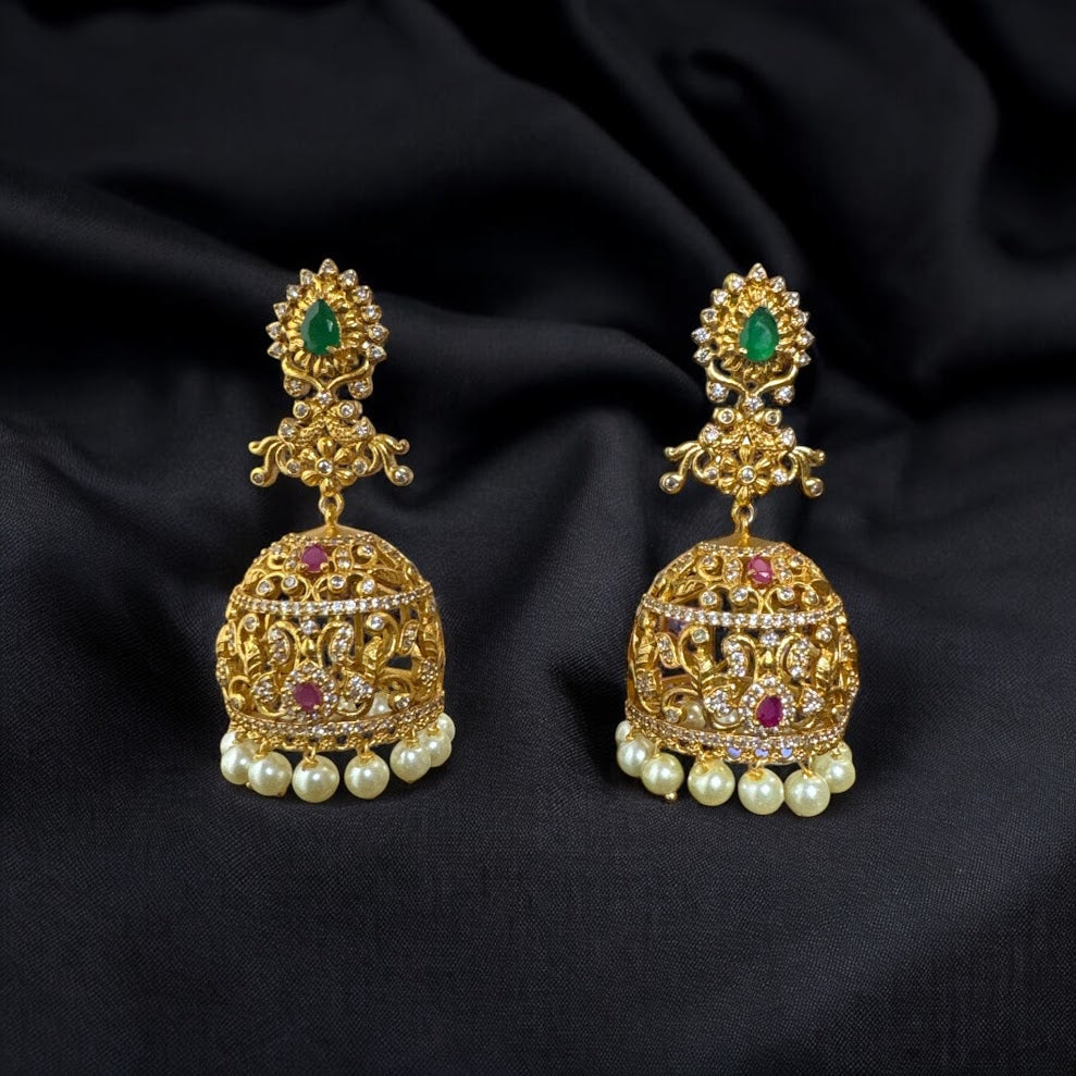 Exquisite Antique Finish Jhumka with Emerald, Ruby and Pearls