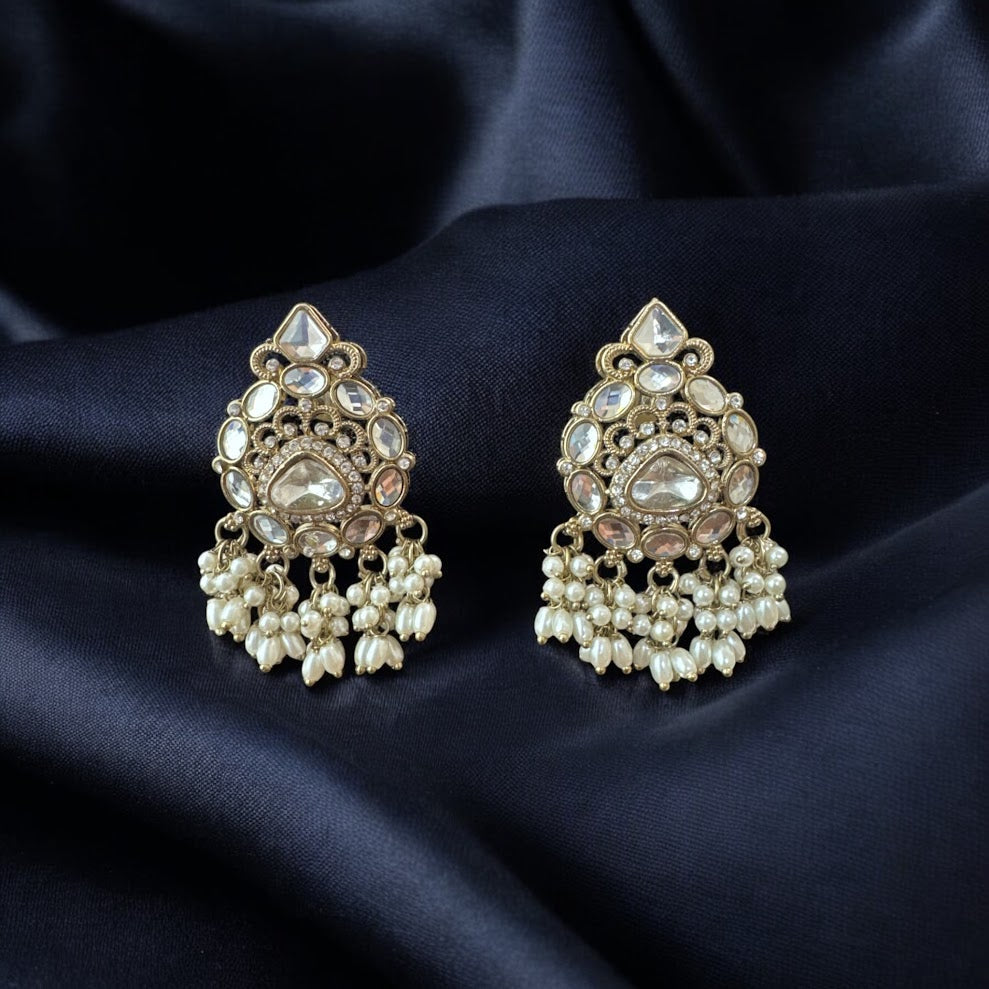 Unique Kundan Earrings with White Beads