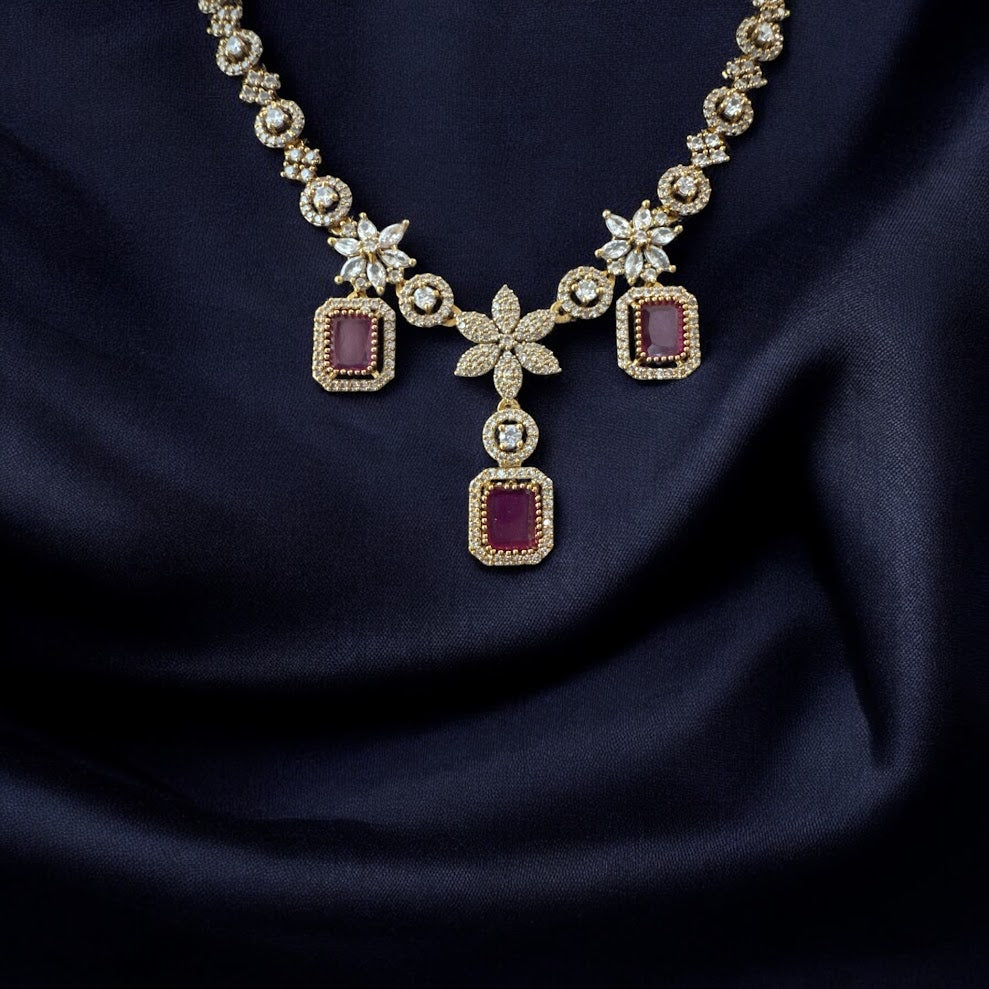 Sophisticated AD Necklace Set with Ruby Square Drops