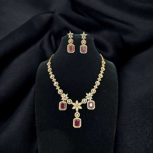 Sophisticated AD Necklace Set with Ruby Square Drops