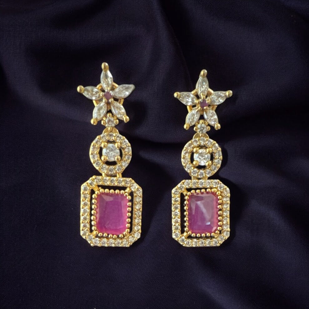 Sophisticated AD Necklace Set with Ruby Square Drops