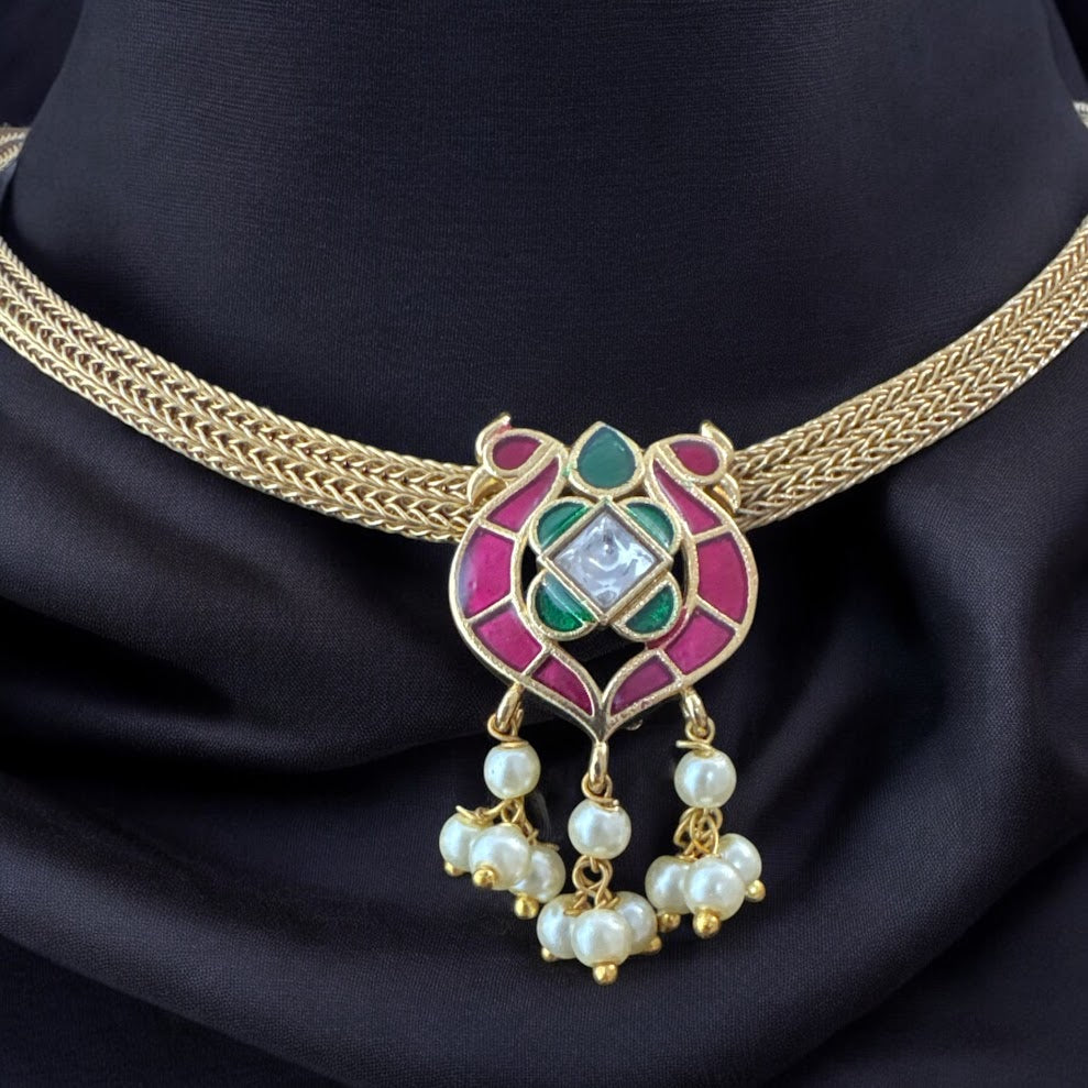 Refined Enamel Necklace with Laxmiji Earrings in Gold Finish