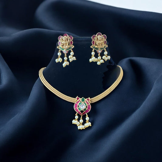 Refined Enamel Necklace with Laxmiji Earrings in Gold Finish