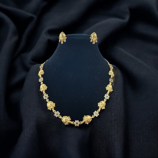 Sleek AD Ganeshji Necklace Set in Gold