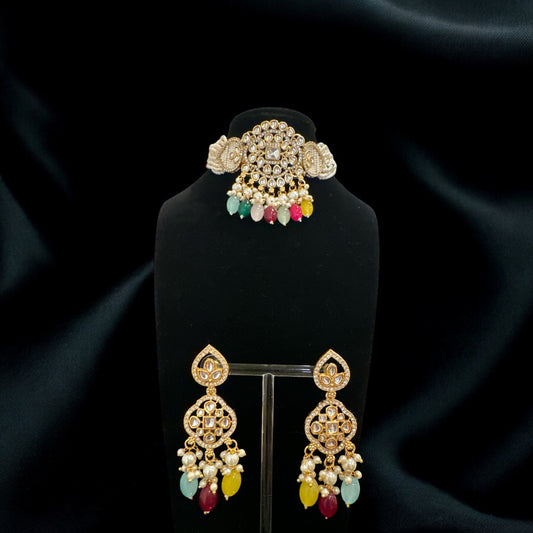 Kundan and Beads Multicolor Choker Set with Maangtika