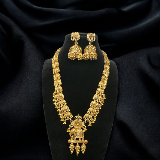 Antique Finish Long Necklace Set with Elephant and Laxmi Design