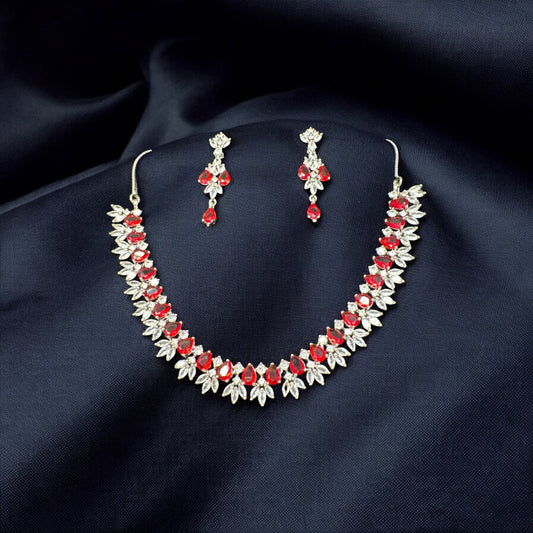 Trendy CZ Necklace Set in Silver and Red