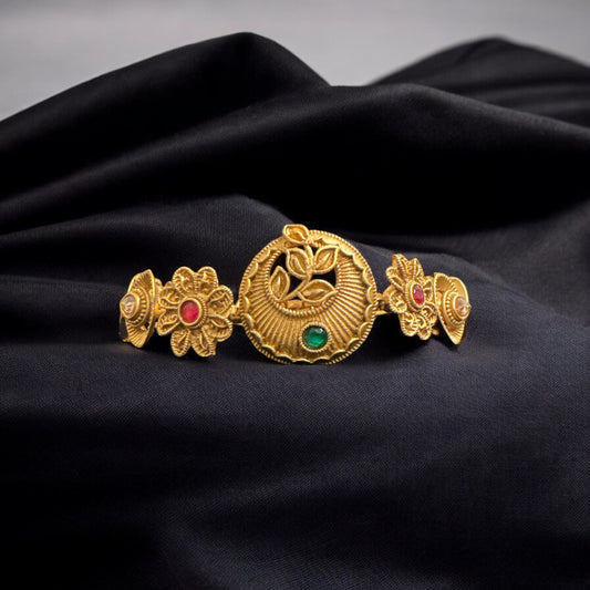 Antique Finish Traditional Golden Bracelet with Flower Detailing