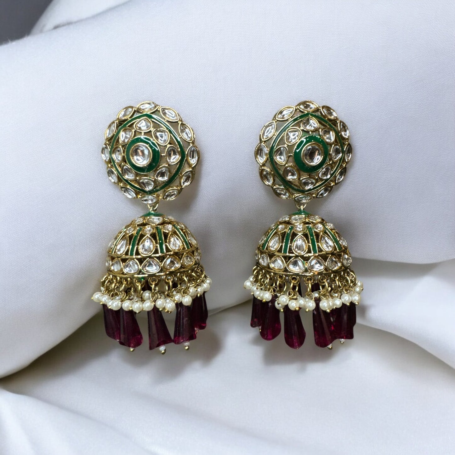 Traditional Jhumka with Kundan, Pearls and Red Beads