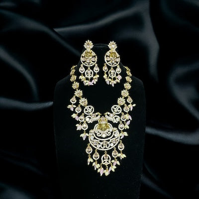 Sophosticated AD Necklace Set with Balaji Motif, Pearls and Pink Stone in Victorian Finish