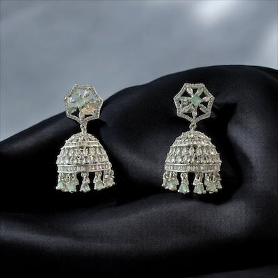 Premium AD Silver Finish Jhumka with a Hint of Pastel Green