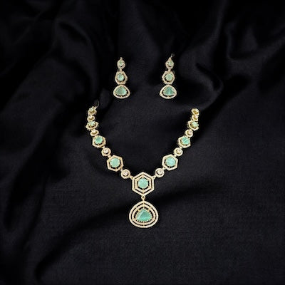 Modern AD Necklace Set in Antique Finish with Pastel Green Stones