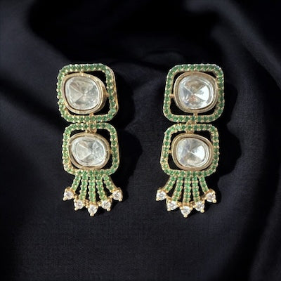 Stylish AD Earring in Gold Finish with Green Stone