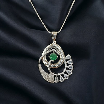 Dazzling AD Pendant Set in Silver Finish with a Touch of Emerald Green