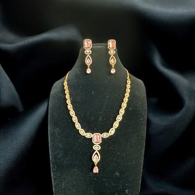 Gorgeous AD Victorian Finish Necklace Set with Pink Stones