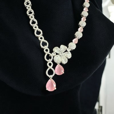 Trendy Ad Necklace Set in Silver Finish in Baby Pink Color