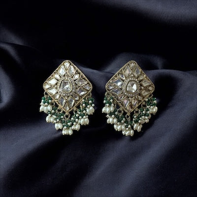 Trendy Kundan Earrings with White and Emerald Green Beads