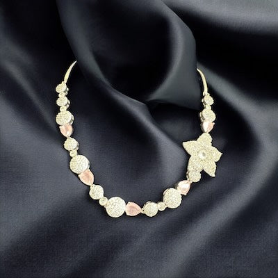 Trendy AD Flower Necklace Set in Baby Pink in Silver Finish