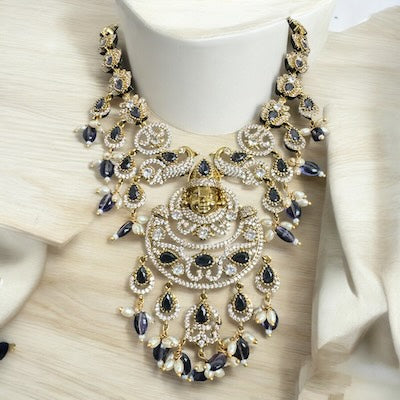 Elegant Balaji Necklace Set with Purple Beads and AD