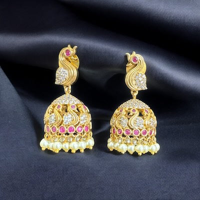 Elegant Peacock Motif Necklace Set with Jhumka in Gold with Pearls