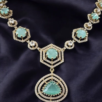 Modern AD Necklace Set in Antique Finish with Pastel Green Stones