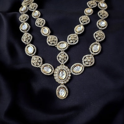 Trendy Double LayerTyaani Kundan and AD Necklace Set in Matt Finish