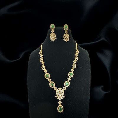 Trendy AD Victorian Finish Necklace Set with Green Stones