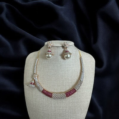 Trendy AD Princess Setting Necklace Set in Silver and Pink