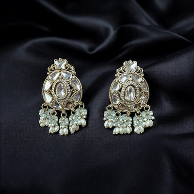 Unique Kundan Earrings with White and Pastel Green Beads