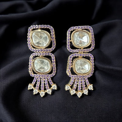 Stylish AD Earring in Gold Finish with Purple Stone