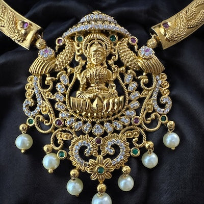 Traditional Laxmiji Hasli Necklace Set with AD and Pearls