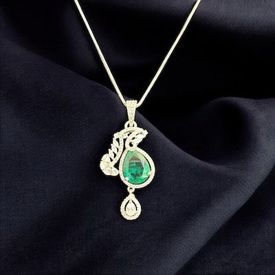 Dazzling AD Pendant Set in Silver Finish with Green Stone