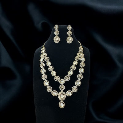 Trendy Double LayerTyaani Kundan and AD Necklace Set in Matt Finish